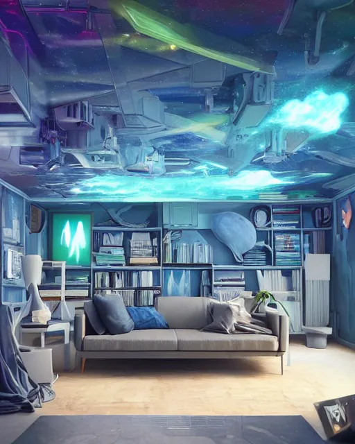 Prompt: artstation scifi scene of a safe room as ikea ad, lounge furniture, sky mural on the room ceiling, holographic nature art walls, large terrarium, paneled walls, unreal engine 5, hyper realism, realistic shading, cinematic composition, blender render, octane render, hdr, detailed textures, photorealistic, wide shot