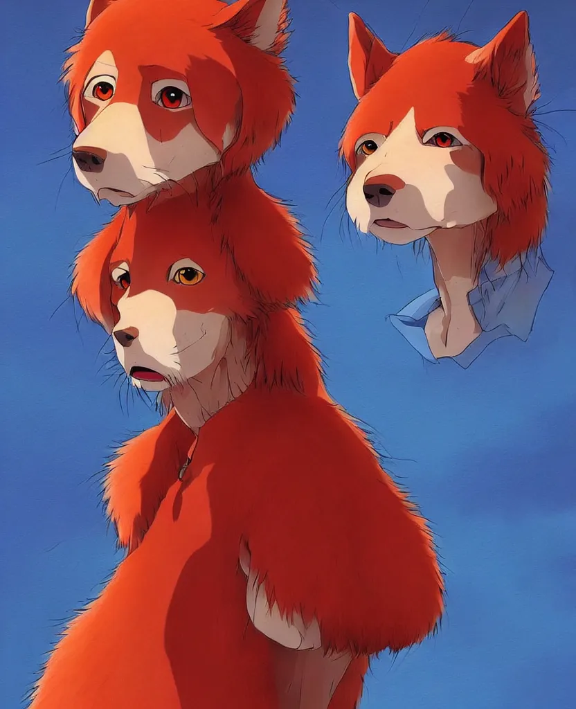 Image similar to beautiful painting from the anime film by studio ghibli, red anthropomorphic dog human hybrid wearing human clothes, drooling, fur, trending on artstation
