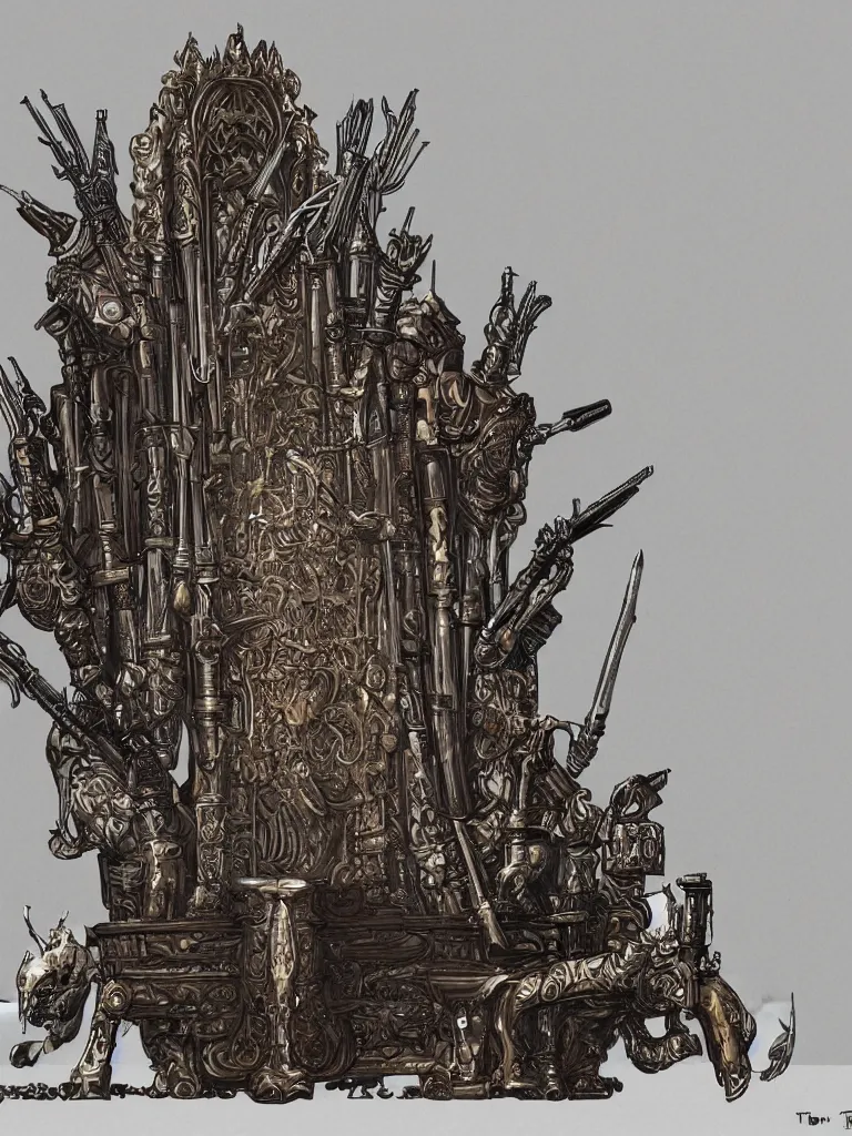 Prompt: throne made of rifles, shotguns, revolvers and bullets in a medieval castle, ultrarealistic, intricate details, 4k, concept art, dark fantasy