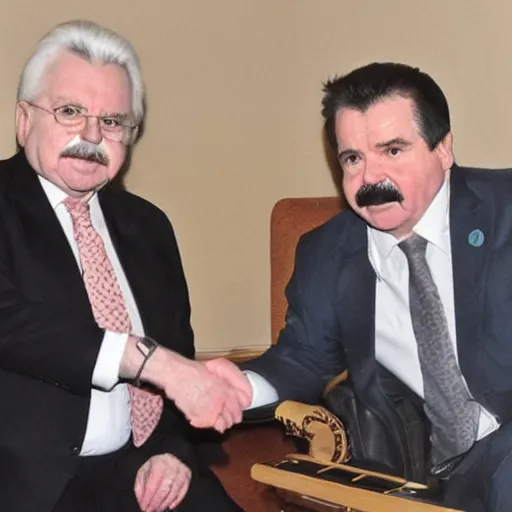 Prompt: Tom the Box meeting Lech Wałęsa, real men, real politics, hyper detailed, hyper realistic, newspaper photography