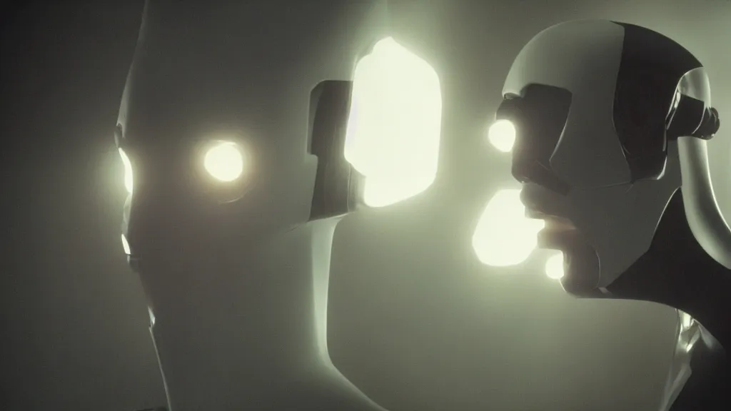 Prompt: movie scene of half human half robot, movie still, cinematic composition, cinematic light, by David Lynch