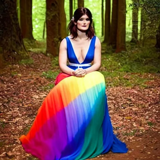 Image similar to picture of gemma arterton wearing a long rainbow wedding gown, sitting in a colorful forest