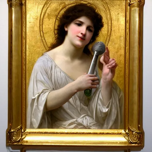 Image similar to an oil painting of an angel singing holding microphone on one hand, by Bouguereau, highly detailed and intricate,