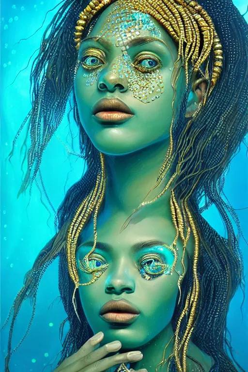 Image similar to hyperrealistic precisionist whole body cinematic bioluminescent very expressive! oshun goddess underwater scene, gold jewerly, highly detailed face, digital art masterpiece, smooth eric zener cam de leon, dramatic pearlescent turquoise light on one side, low angle uhd 8 k, shallow depth of field