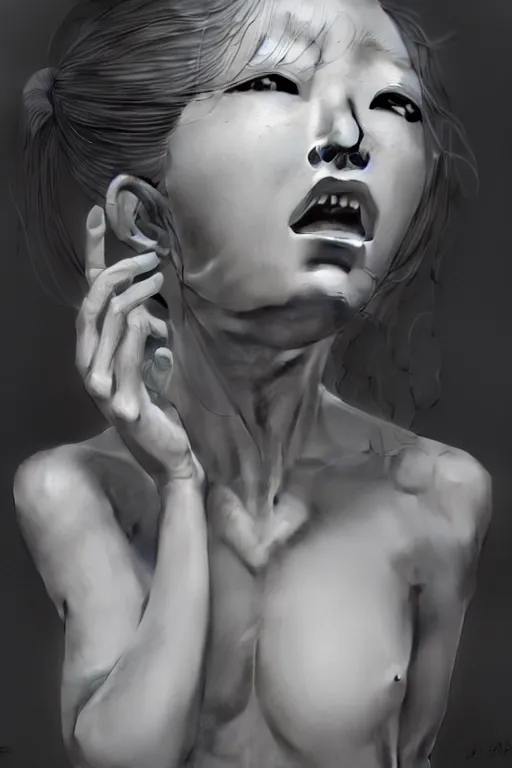 Image similar to hyperrealistic photography of a gorgeous girl staring at her hands and screaming in the style of jin kagetsu, james jean, chris cunninham, hans bellmer and wlop, highly detailed, face symmetry, masterpiece, award - winning, sharp focus, intricate concept art, ambient lighting, 8 k, artstation