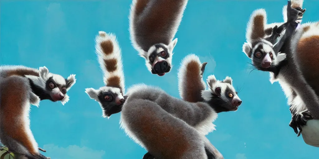 Image similar to Floating lemurs showing their tongues over a blue ocean, Darek Zabrocki, Karlkka, Jayison Devadas, Phuoc Quan, trending on Artstation, 8K, ultra wide angle, pincushion lens effect.