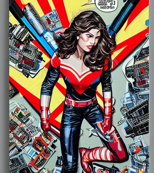 Image similar to portrait of a female inventor holding a wrench, by dc comics and sandra chevrier