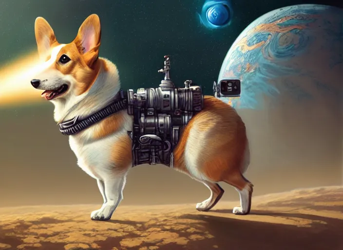 Image similar to highly detailed illustration of a corgi wearing a space helmet on an alien planet, artstation, cinematic lighting, hyperdetailed, cgsociety, 8k, high resolution, Charlie Bowater, Tom Bagshaw, Norman Rockwell, insanely detailed and intricate