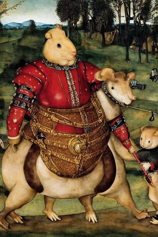 Image similar to Henry VIII riding a giant hamster into battle, water color, painted by Cornelis Anthonisz, 16th century,