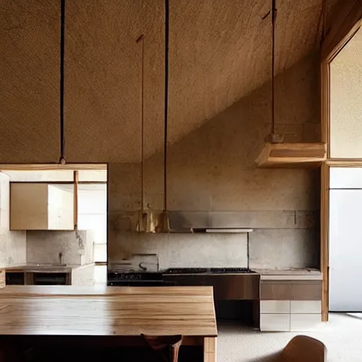 Image similar to “extravagant luxury modern kitchen, interior design, natural materials, modern rustic, by Tadao Ando and Koichi Takada and Hasimoto Yukio”