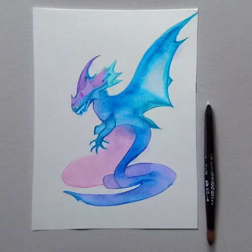 Image similar to mystical pastel dragon, minimalist watercolor on white paper, cute