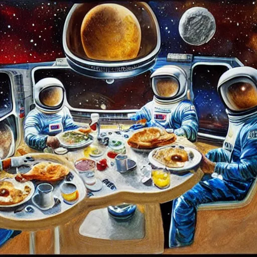 Image similar to American Breakfast in space drawn by Alan Bean