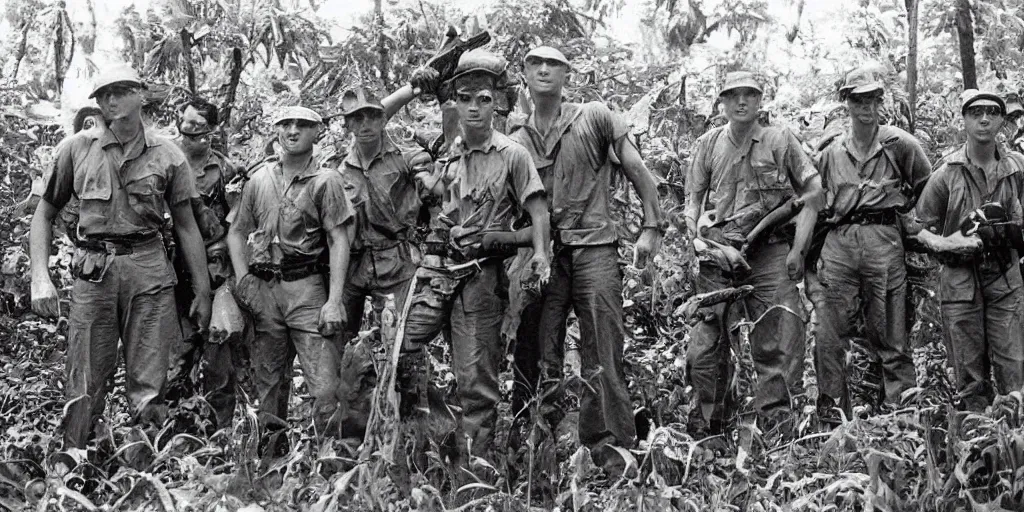 Prompt: 1960s photograph of a cthulhu monster next to US marines in a vietnamese jungle, colorized scan, detailed