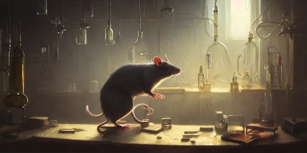 Image similar to rat sitting on a desk in a laboratory with lots of flasks filled with magic liquids and poisonous fog, stephen bliss, unreal engine, fantasy art by greg rutkowski, loish, rhads, ferdinand knab, ilya kuvshinov, rossdraws, tom bagshaw, global illumination, radiant soft light, detailed and intricate environment