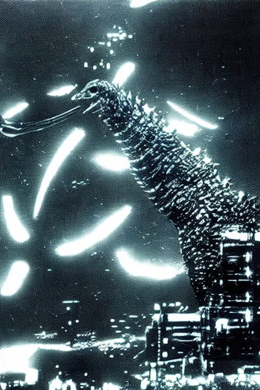 Prompt: a film still of a 1 9 6 0's godzilla in the movie tron ( 1 9 8 2 )