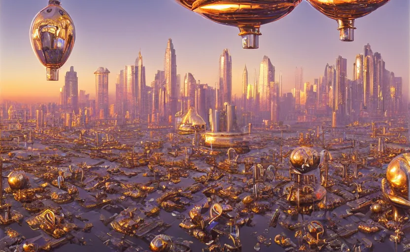 Prompt: hyperdetailed UFOs made of liquid chrome floating over a cityscape at golden hour, by vladimir kush, by jeff koons, 8k resolution, realistic shadows, rendered in octane, hyperdetailed, meticulous, intricate