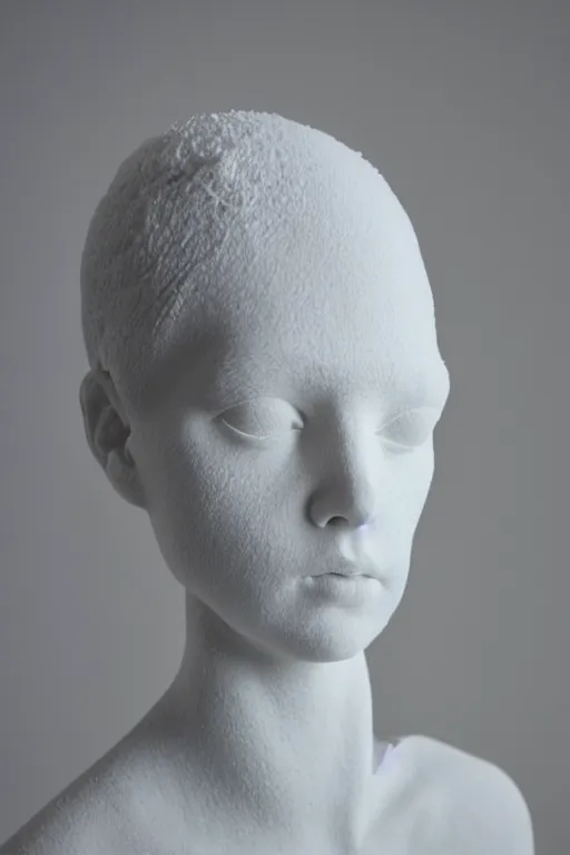 Prompt: full head and shoulders, beautiful female white, porcelain sculpture, with huge perspex bubbles attached to head, by daniel arsham and james jean, on a white background, delicate facial features, white eyes, white lashes