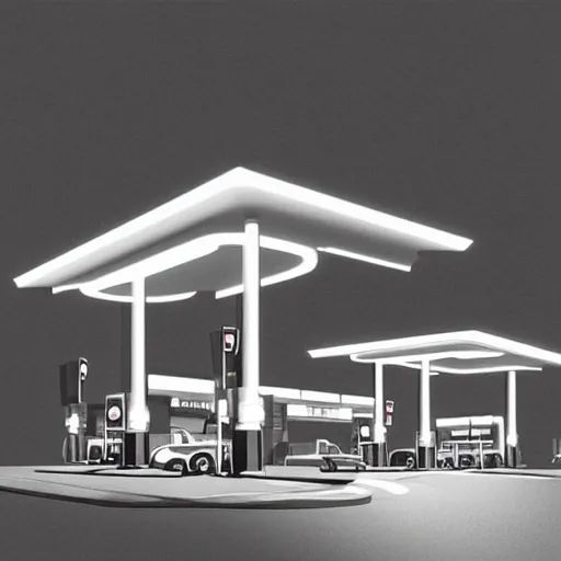 Image similar to a gas station at night by emiliano ponzi, george ault, featured on polycount, bauhaus, concept art, matte drawing, reimagined by industrial light and magic