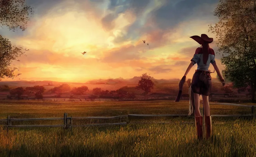 Image similar to a cowgirl watching the sunset peacefully over her farm, anime concept art, 4k