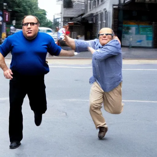 Image similar to Angry Alex Jones chasing after Danny DeVito for stealing his ice cream