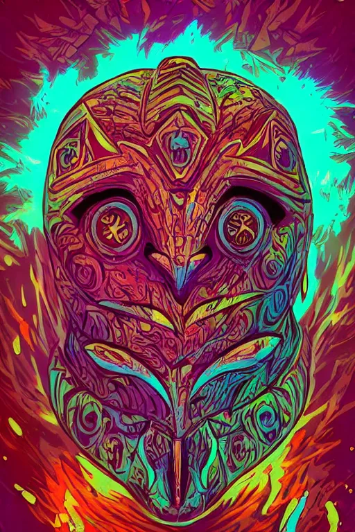 Image similar to totem animal tribal chaman vodoo mask feather gemstone plant wood rock video game illustration vivid color borderlands by josan gonzales and dan mumford radiating a glowing aura