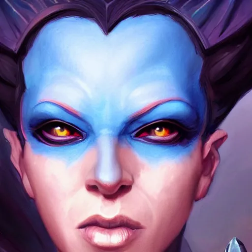 Image similar to shirley ann manson as a blue skinned tiefling, d & d, fantasy, portrait, highly detailed, headshot, digital painting, trending on artstation, concept art, sharp focus, illustration, art by artgerm and greg rutkowski and magali villeneuve