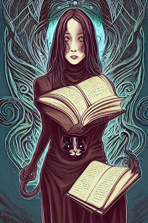 Image similar to ai illustration of romantic girl, her cat and her book of necronomicon, symmetrical, cinematic, sharp focus, 4 k, ultra hd, sense of awe, sinister demonic atmosphere, dreadful, forbidden knowledge, old gods, cthulhu, yog - sothoth! yah, yah, yah! cultist journal cover