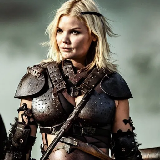 Image similar to elisha cuthbert as a barbarian warrior in a dystopian future battleground