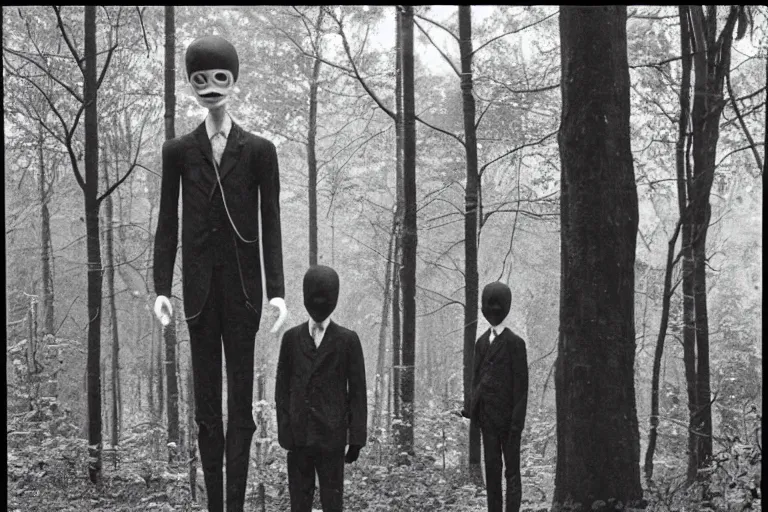 Prompt: an very old photo of slenderman in the forest