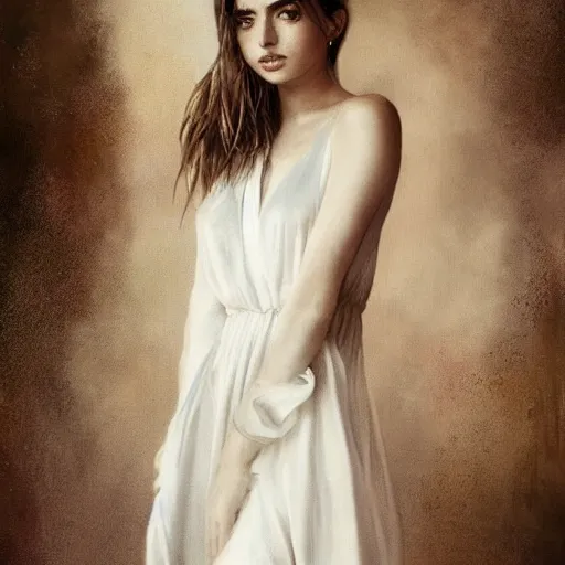 Image similar to portrait of beautiful happy young ana de armas wearing a beautiful silky white dress, painted by greg rutkowski