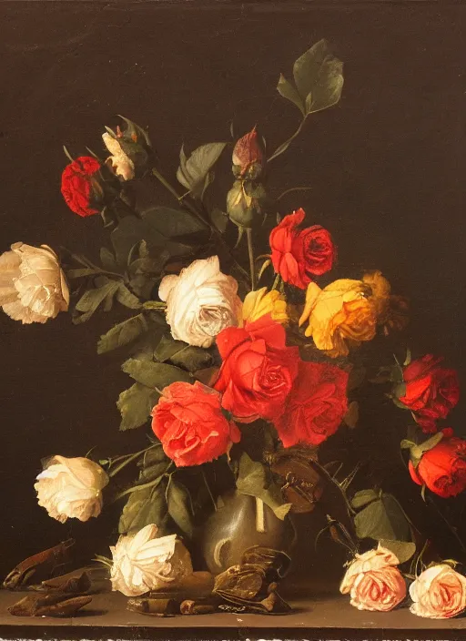 Image similar to detailed dutch still life painting of flowers and roses, sharp focus, dark background