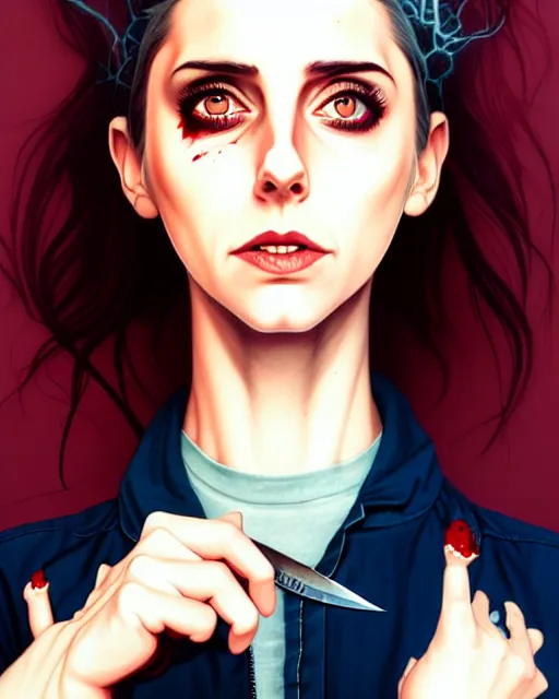 Image similar to loish, artgerm, Joshua Middleton art, Rafeal Albuquerque, pretty Alison Brie serial killer holding bloody knife in right hand realistic hand, blood on clothes and face, sarcastic smile, symmetrical eyes, symmetrical face, jean jacket, jeans, short blonde hair, middle shot, night time, deep blacks