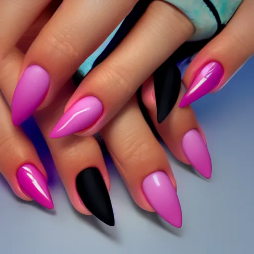 Image similar to acrylic stiletto nails, 8k, Trending on artstation, photorealistic resolution