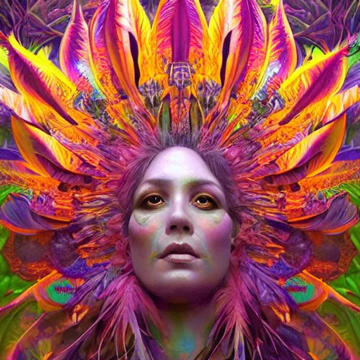 Image similar to A reality bending psychedelic ayahuasca experience, colorful, distorted, surreal, tropical bird feathers, dramatic lighting on the face, intricate, elegant, highly detailed, digital painting, concept art, smooth, sharp focus, illustration, art by Krenz Cushart and Wayne Barlowe and alphonse mucha