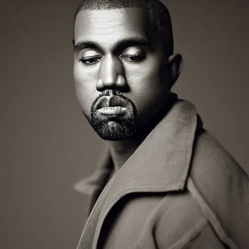 Prompt: a chiaroscuro lighting portrait of kanye west dressed in rick owens clothing, black background, portrait by julia margaret cameron, shallow depth of field, 8 0 mm, f 1. 8