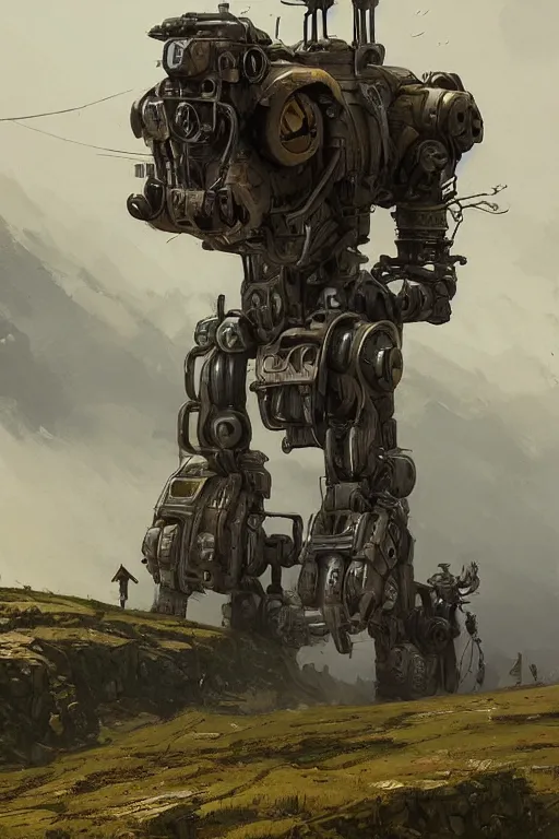 Image similar to giant dieselpunk robot stands on a hill above a small town, highly detailed, digital painting, artstation, concept art, smooth, clear focus, illustrations, works by Jakub Rozalski,