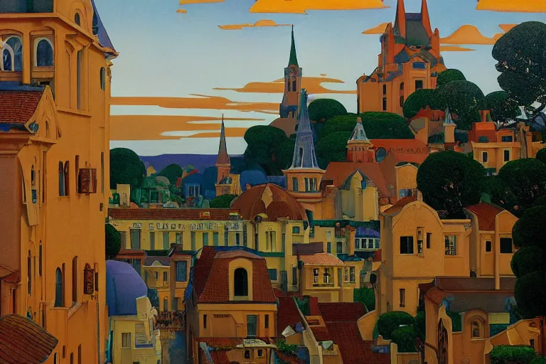 Image similar to view of the old city and its tree-lined winding streets still wet after a storm, tall windows lit up, beautiful ornamental architecture, dramatic cinematic lighting, rich colors, by Nicholas Roerich and and William Dyce and ford madox brown and April Gornik and Ludwig Deutsch and Sylvain Sarrailh , featured on artstation