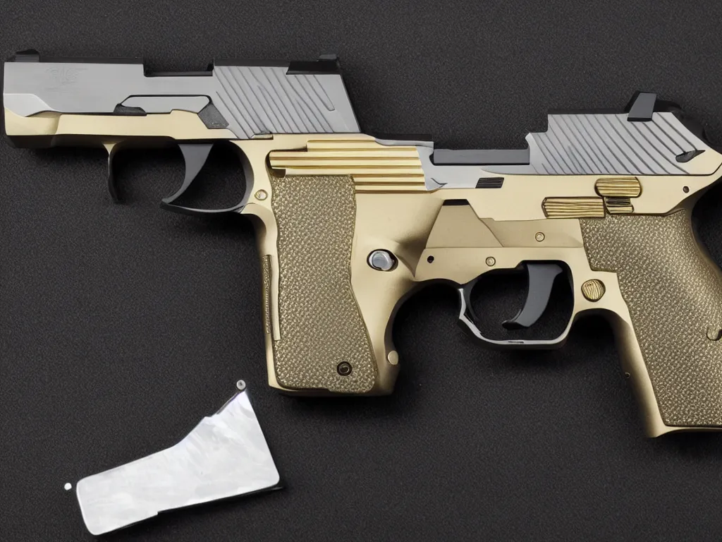 Prompt: futuristic sig sauer p226 made of brushed metal, chrome and carbon, intricate gold linings