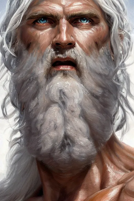 Image similar to painted portrait of rugged zeus, god of thunder, greek god, white hair, masculine, powerful, handsome, upper body, white robe, muscular, hairy torso, fantasy, intricate, elegant, highly detailed, digital painting, artstation, concept art, smooth, sharp focus, illustration, art by gaston bussiere and magali villeneuve