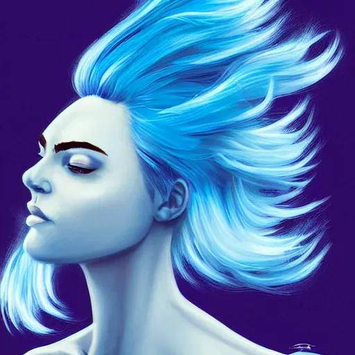 Prompt: a stunning upper body portrait of a beautiful woman with blue hair blowing in the wind by marvel comics, digital art, trending on artstation