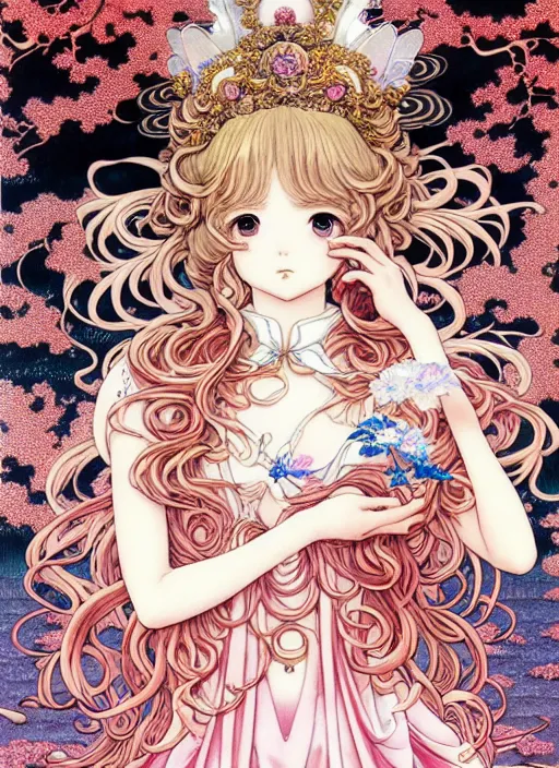 Image similar to exquisite imaginative manga poster of a fairy princess, long wavy hair, rococo ruffles dress, shimmering, by takato yamamoto, ayami kojima, shigenori soejima, minaba hideo, katsuhiro otomo, jump comics, illustration, artstation, highly detailed, 8 k, fluorescent, fluorescent, maximalist