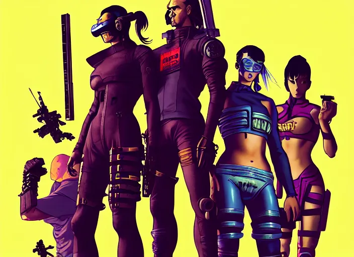 Image similar to cyberpunk samurai squad. portrait by stonehouse and mœbius and will eisner and gil elvgren and pixar. character design. realistic proportions. cyberpunk 2 0 7 7 character art, blade runner 2 0 4 9 concept art. cel shading. attractive face. thick lines. the team. diverse characters. artstationhq.