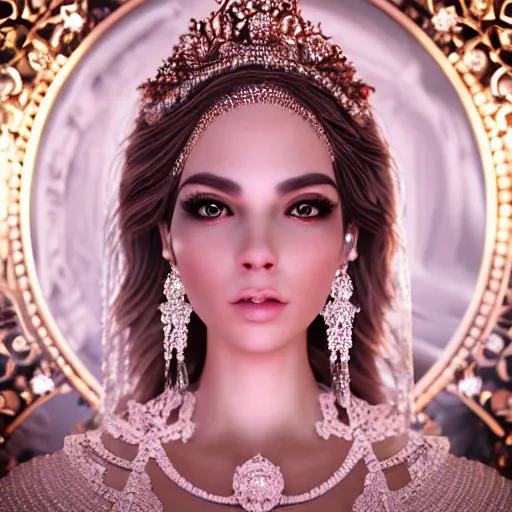 Prompt: portrait of pretty princess with perfect skin, glowing, ornate and intricate diamond jewelry, jaw dropping beauty, ornate and intricate backdrop, white accent lighting, hyper detailed, 4 k octane render