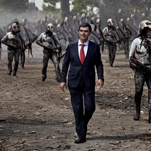 Image similar to spanish president pedro sanchez leading an army of the undead in a post - apocalyptic world