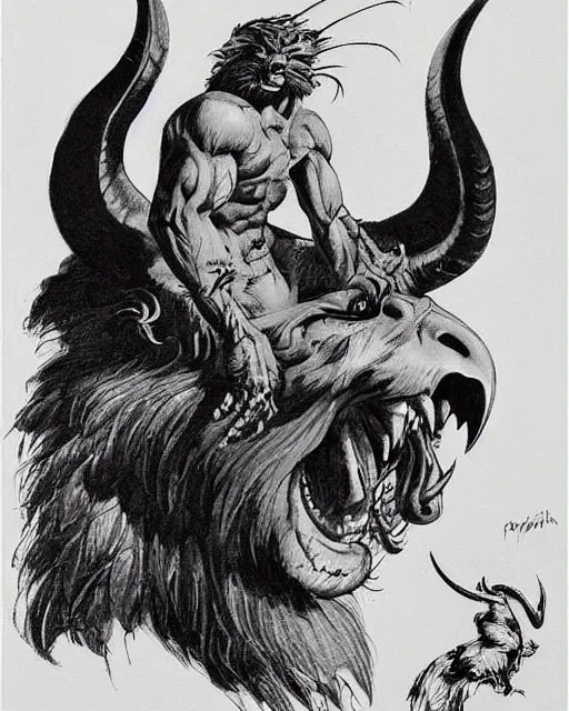 Image similar to a creature with the body and eyes of a man, with the beak of an eagle, the mane of a lion, and the horns of an ox. drawn by frank frazetta