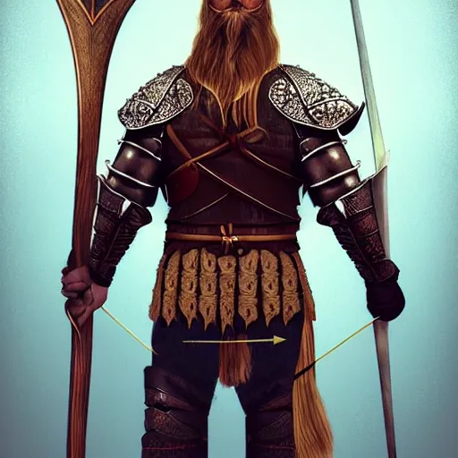 Image similar to A man with viking armour and a heavenly bow behind his back, trending on artstation