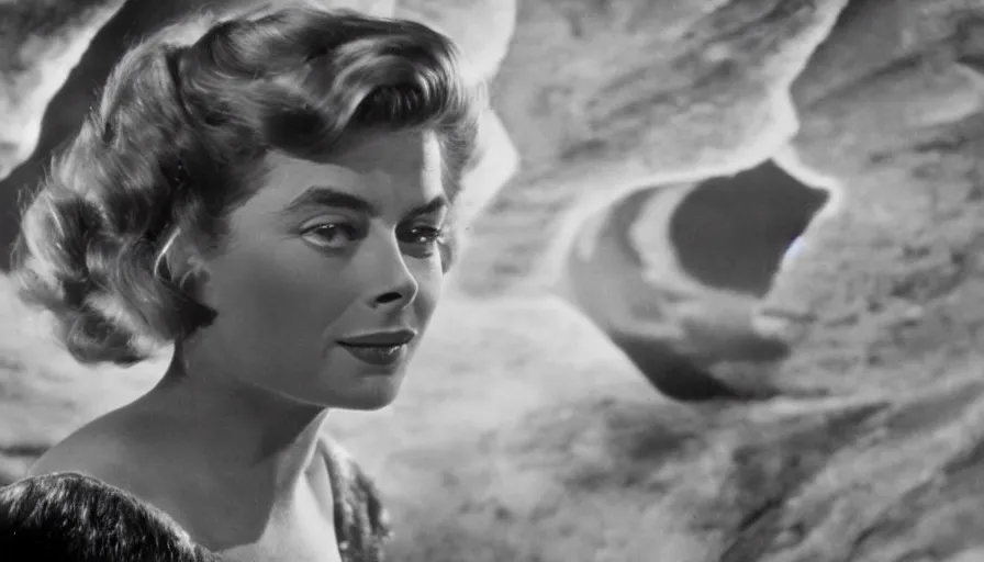 Prompt: film capture, young ingrid bergman dressed as barbarella, exploring an alien planet. symmetrical face. symmetrical body. cinematic. 1 0 0 mm lens. realistic. photograph.