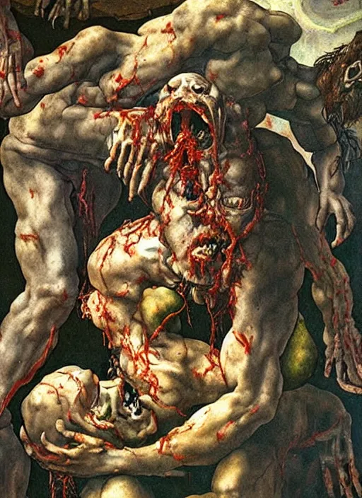 Prompt: Michelangelo painting of a disgusting vile zombie monster eating a man, cult horror, kitchen inspired by The Thing, by Cronenberg and greg nicotero