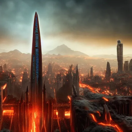 Image similar to mordor as a bustling city, highly detailed, sharp focus, skyline, vast, 4 k, fantasy