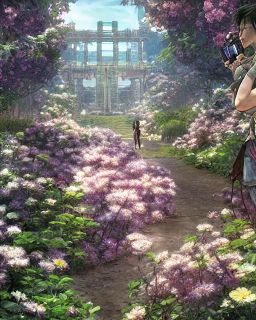 Prompt: portal to paradise, 8 k high definition, advanced technology, beams of energy, pathway, flowers, machines, perfect relationship, love, masterpiece, art by akihiko yoshida, antilous chao, woo kim